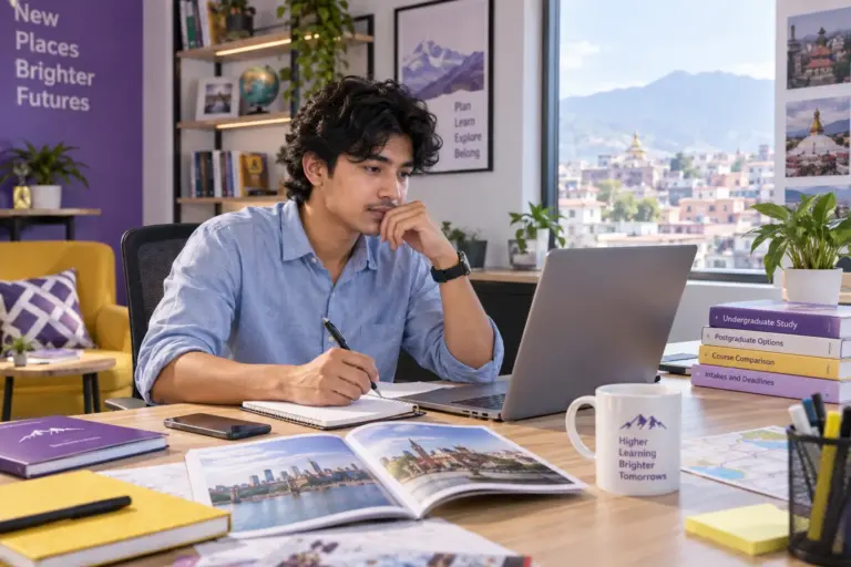 Young Nepali man with wavy hair comparing UK university courses and intake options using a laptop and notebook for UK study planning.