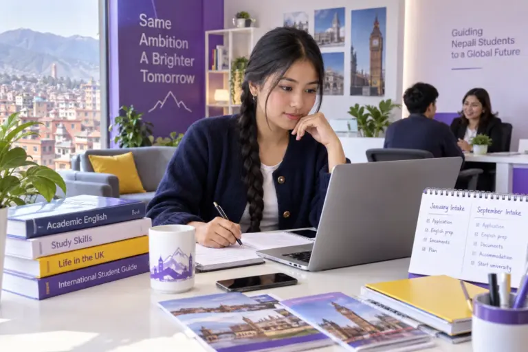 Young Nepali woman with a long braid practising English writing or reading on a laptop beside study books, as preparation for UK university study for UK study planning.
