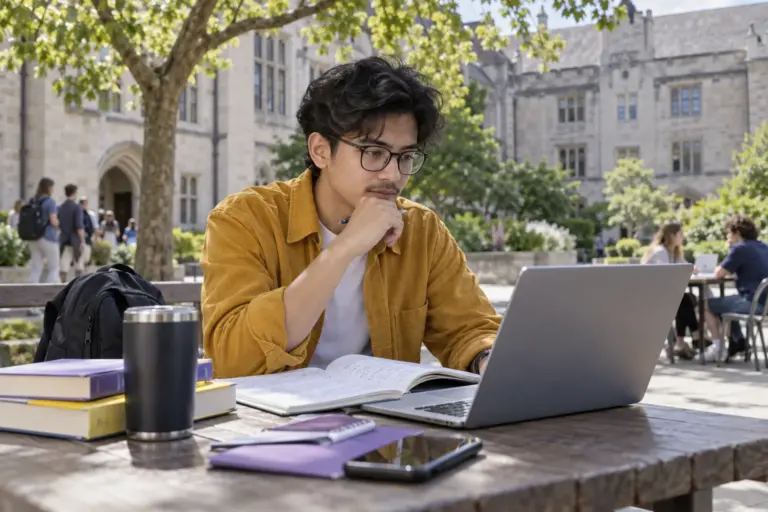 Young Nepali man with glasses comparing UK university courses and intake options using a laptop and notebook for UK study planning.