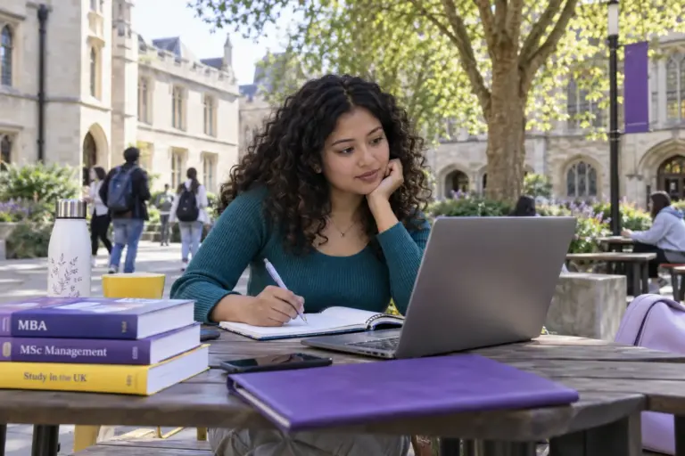 Young Nepali woman with curly hair comparing UK university courses and intake options using a laptop and notebook for UK study planning.