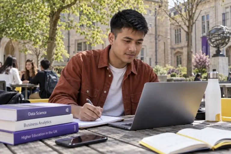 Young Nepali man with cropped hair comparing UK university courses and intake options using a laptop and notebook for UK study planning.