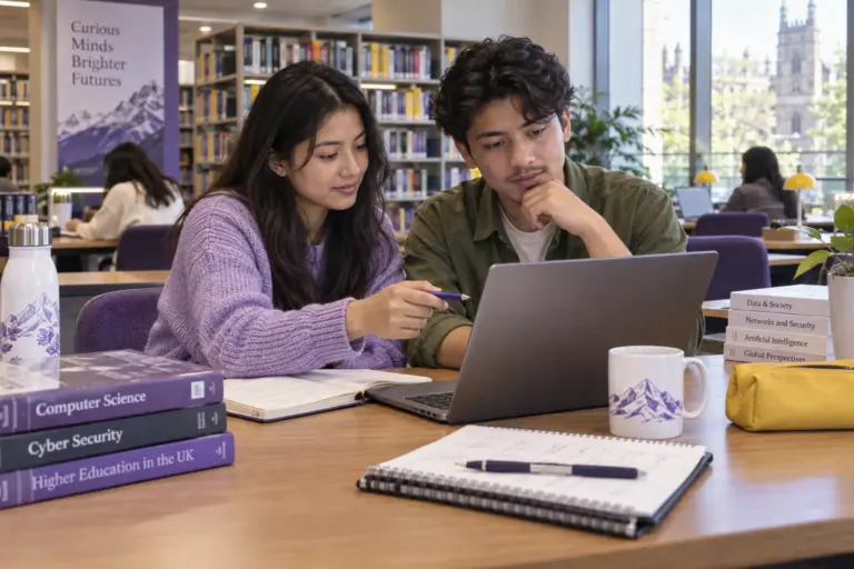 Two Nepali students, one woman and one man comparing UK university courses and intake options using a laptop and notebook for UK study planning.