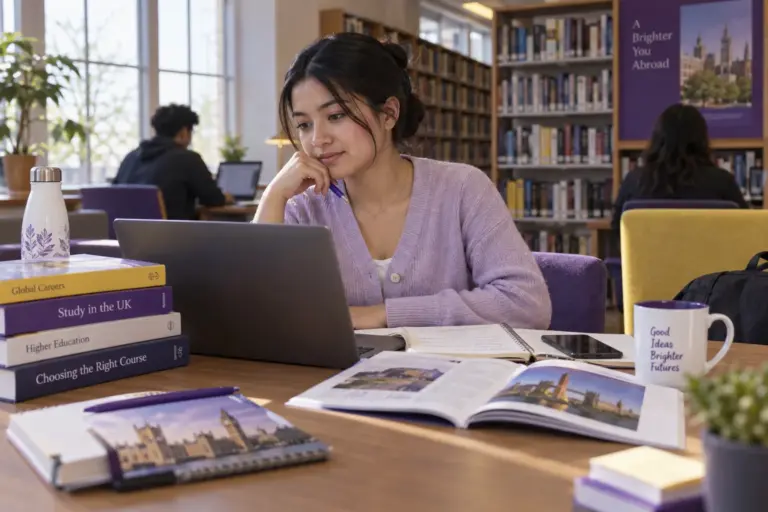 Young Nepali woman with tied-back hair comparing UK university courses and intake options using a laptop and notebook for UK study planning.