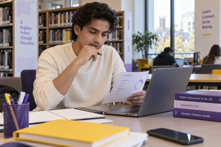 Young Nepali man with swept-back hair comparing a personal study budget worksheet and university tuition information on a laptop for UK study planning.