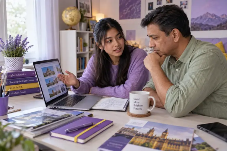 Nepali student discussing plans with a parent comparing UK university courses and intake options using a laptop and notebook for UK study planning.