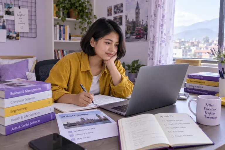 Young Nepali woman with a short bob comparing UK university courses and intake options using a laptop and notebook for UK study planning.