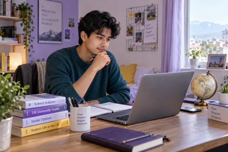Young Nepali man with wavy hair comparing UK university courses and intake options using a laptop and notebook for UK study planning.