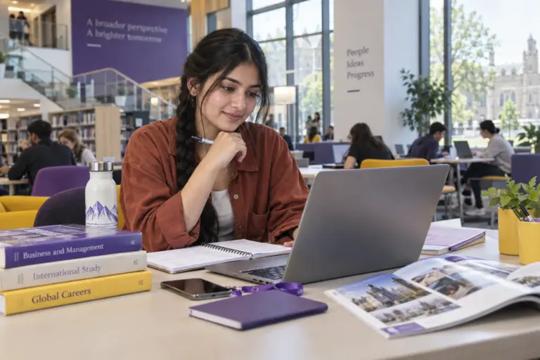 Young Nepali woman with a long braid comparing UK university courses and intake options using a laptop and notebook for UK study planning.