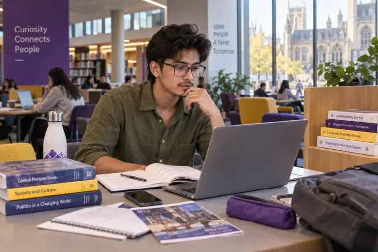 Young Nepali man with glasses comparing UK university courses and intake options using a laptop and notebook for UK study planning.