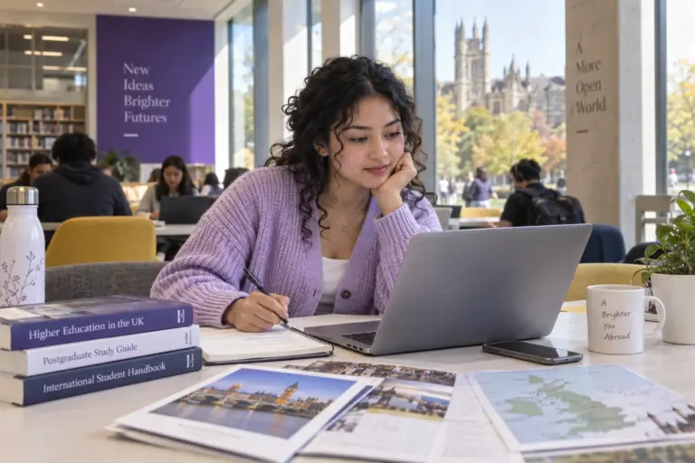 Young Nepali woman with curly hair comparing UK university courses and intake options using a laptop and notebook for UK study planning.