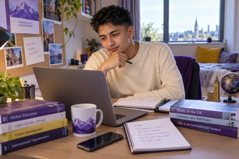 Young Nepali man with cropped hair comparing UK university courses and intake options using a laptop and notebook for UK study planning.