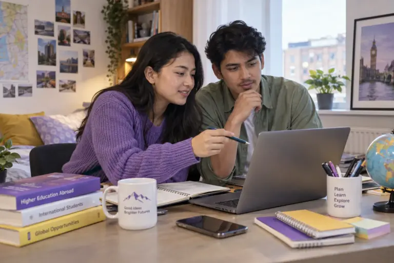 Two Nepali students, one woman and one man comparing UK university courses and intake options using a laptop and notebook for UK study planning.