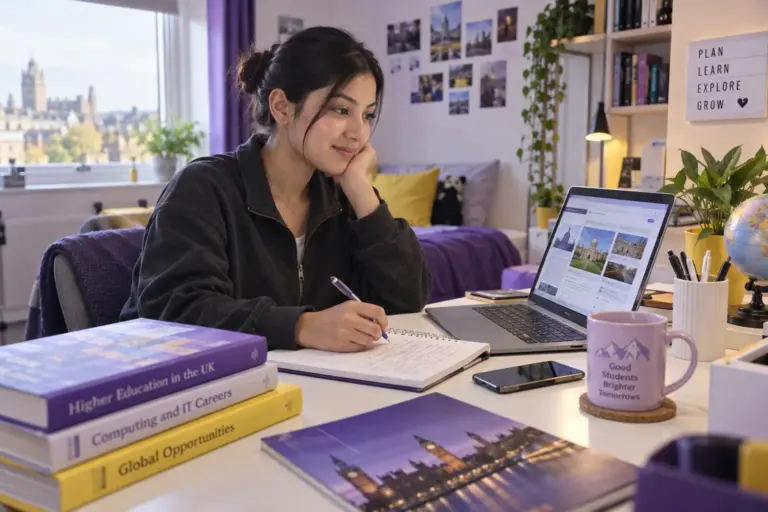 Young Nepali woman with tied-back hair comparing UK university courses and intake options using a laptop and notebook for UK study planning.