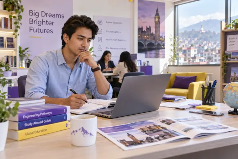 Young Nepali man with swept-back hair comparing UK university courses and intake options using a laptop and notebook for UK study planning.