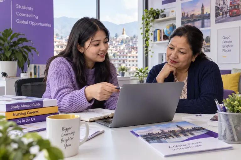 Nepali student discussing plans with a parent comparing UK university courses and intake options using a laptop and notebook for UK study planning.