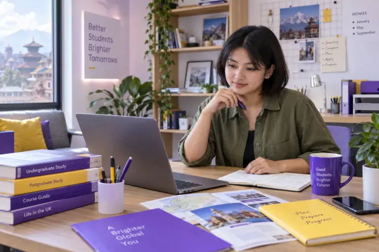 Young Nepali woman with a short bob comparing UK university courses and intake options using a laptop and notebook for UK study planning.