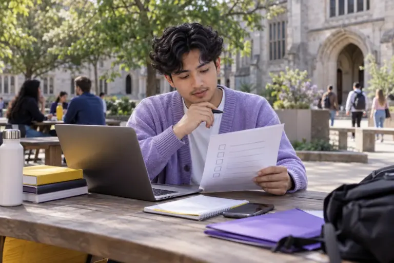 Young Nepali man with wavy hair reviewing an unbranded study application document checklist with a laptop for UK study planning.