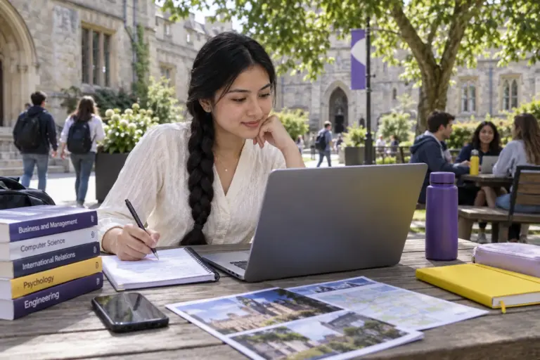 Young Nepali woman with a long braid comparing UK university courses and intake options using a laptop and notebook for UK study planning.