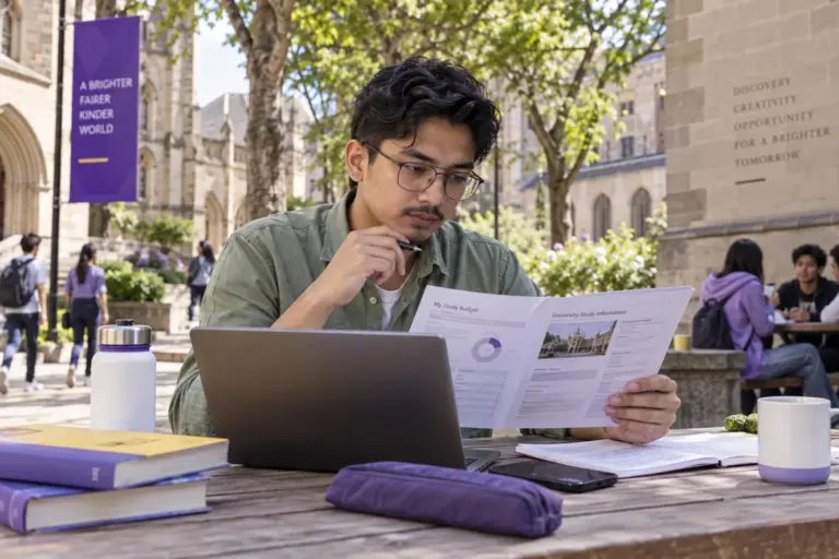 Young Nepali man with glasses comparing a personal study budget worksheet and university tuition information on a laptop for UK study planning.