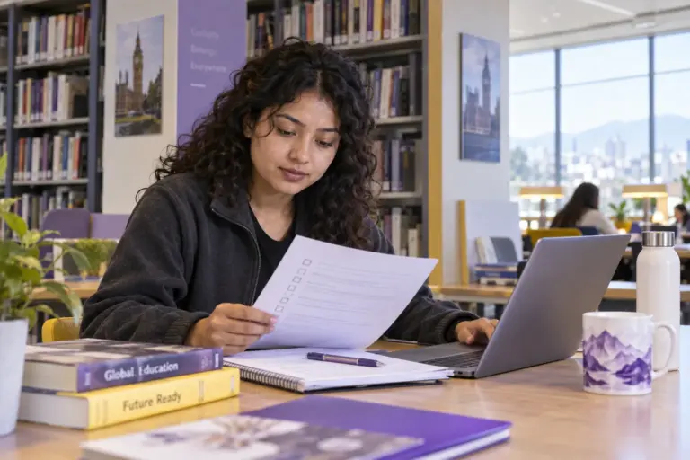 Young Nepali woman with curly hair reviewing an unbranded study application document checklist with a laptop for UK study planning.