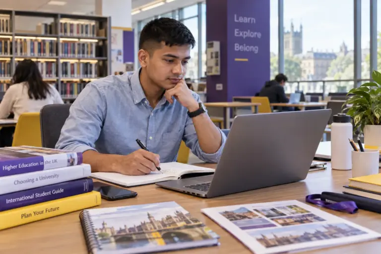 Young Nepali man with cropped hair comparing UK university courses and intake options using a laptop and notebook for UK study planning.