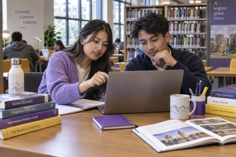 Two Nepali students, one woman and one man comparing UK university courses and intake options using a laptop and notebook for UK study planning.