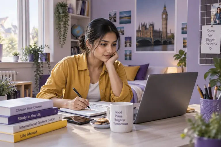 Young Nepali woman with tied-back hair comparing UK university courses and intake options using a laptop and notebook for UK study planning.