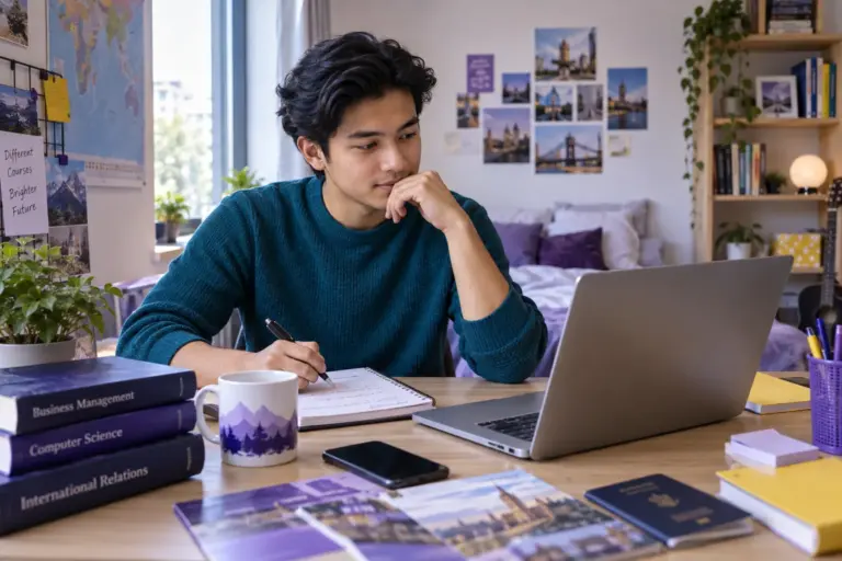 Young Nepali man with swept-back hair comparing UK university courses and intake options using a laptop and notebook for UK study planning.