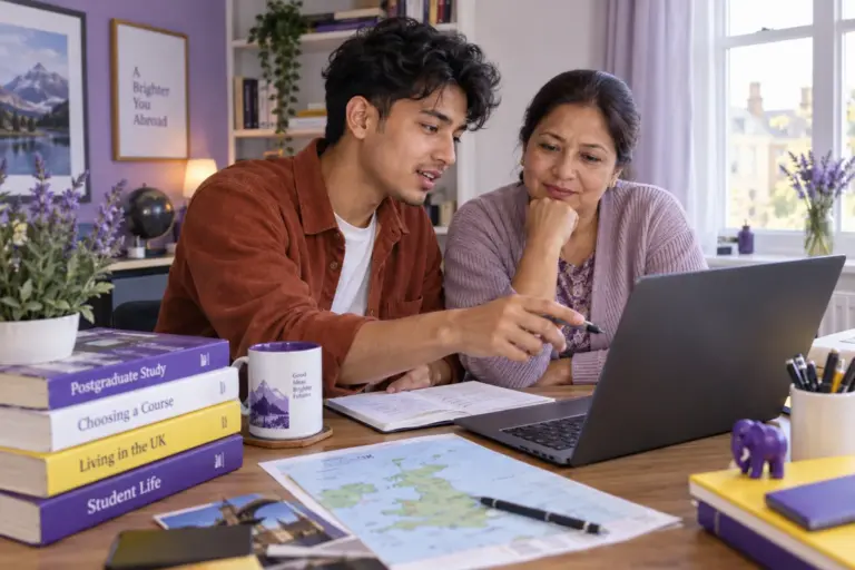 Nepali student discussing plans with a parent comparing UK university courses and intake options using a laptop and notebook for UK study planning.