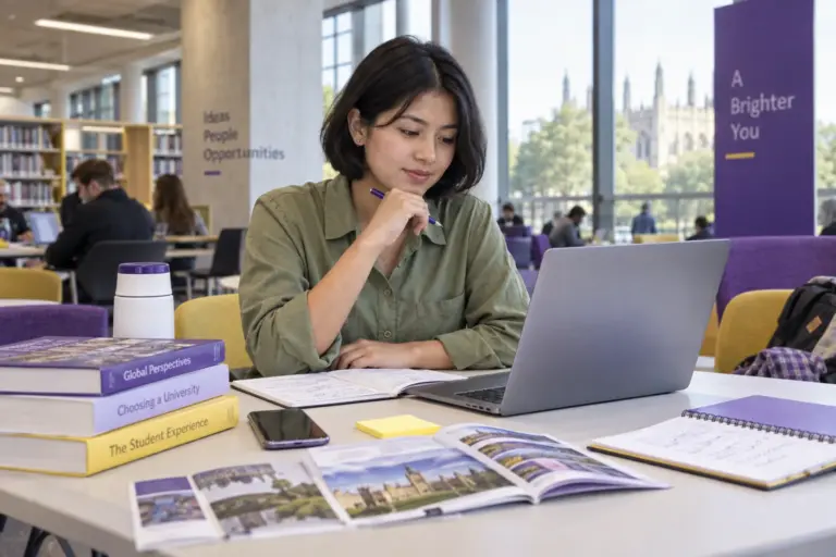 Young Nepali woman with a short bob comparing UK university courses and intake options using a laptop and notebook for UK study planning.