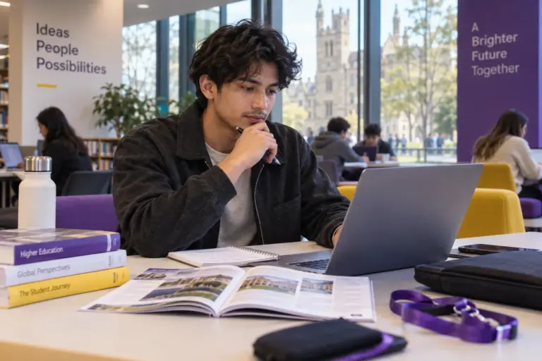 Young Nepali man with wavy hair comparing UK university courses and intake options using a laptop and notebook for UK study planning.