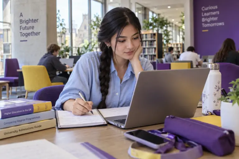 Young Nepali woman with a long braid comparing UK university courses and intake options using a laptop and notebook for UK study planning.