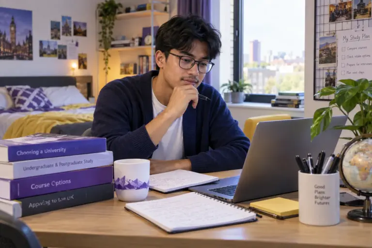 Young Nepali man with glasses comparing UK university courses and intake options using a laptop and notebook for UK study planning.