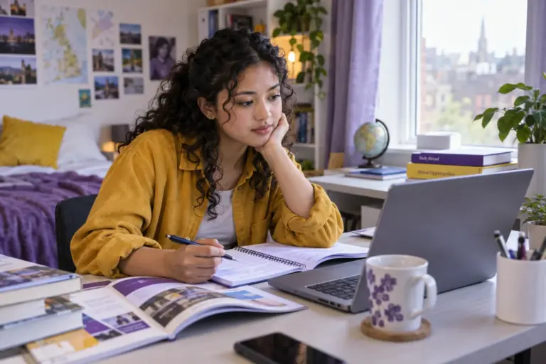 Young Nepali woman with curly hair comparing UK university courses and intake options using a laptop and notebook for UK study planning.