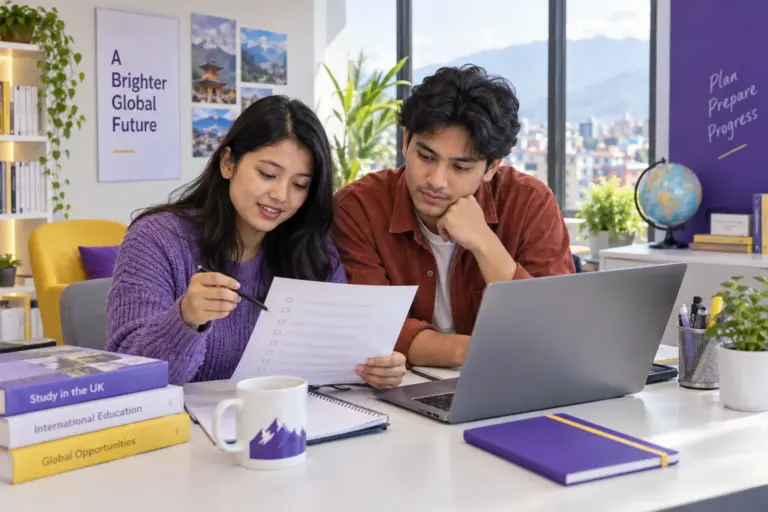 Two Nepali students, one woman and one man reviewing an unbranded study application document checklist with a laptop for UK study planning.