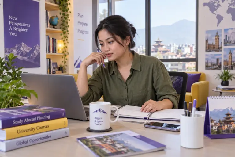 Young Nepali woman with tied-back hair comparing UK university courses and intake options using a laptop and notebook for UK study planning.