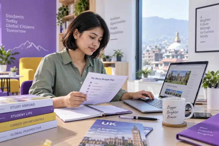 Young Nepali woman with a short bob comparing a personal study budget worksheet and university tuition information on a laptop for UK study planning.