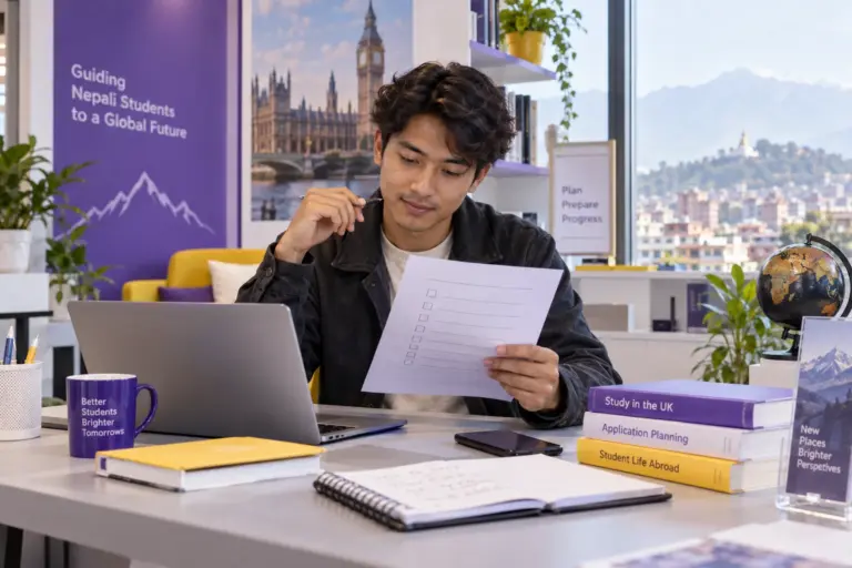 Young Nepali man with wavy hair reviewing an unbranded study application document checklist with a laptop for UK study planning.