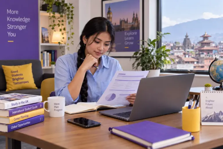 Young Nepali woman with a long braid comparing a personal study budget worksheet and university tuition information on a laptop for UK study planning.