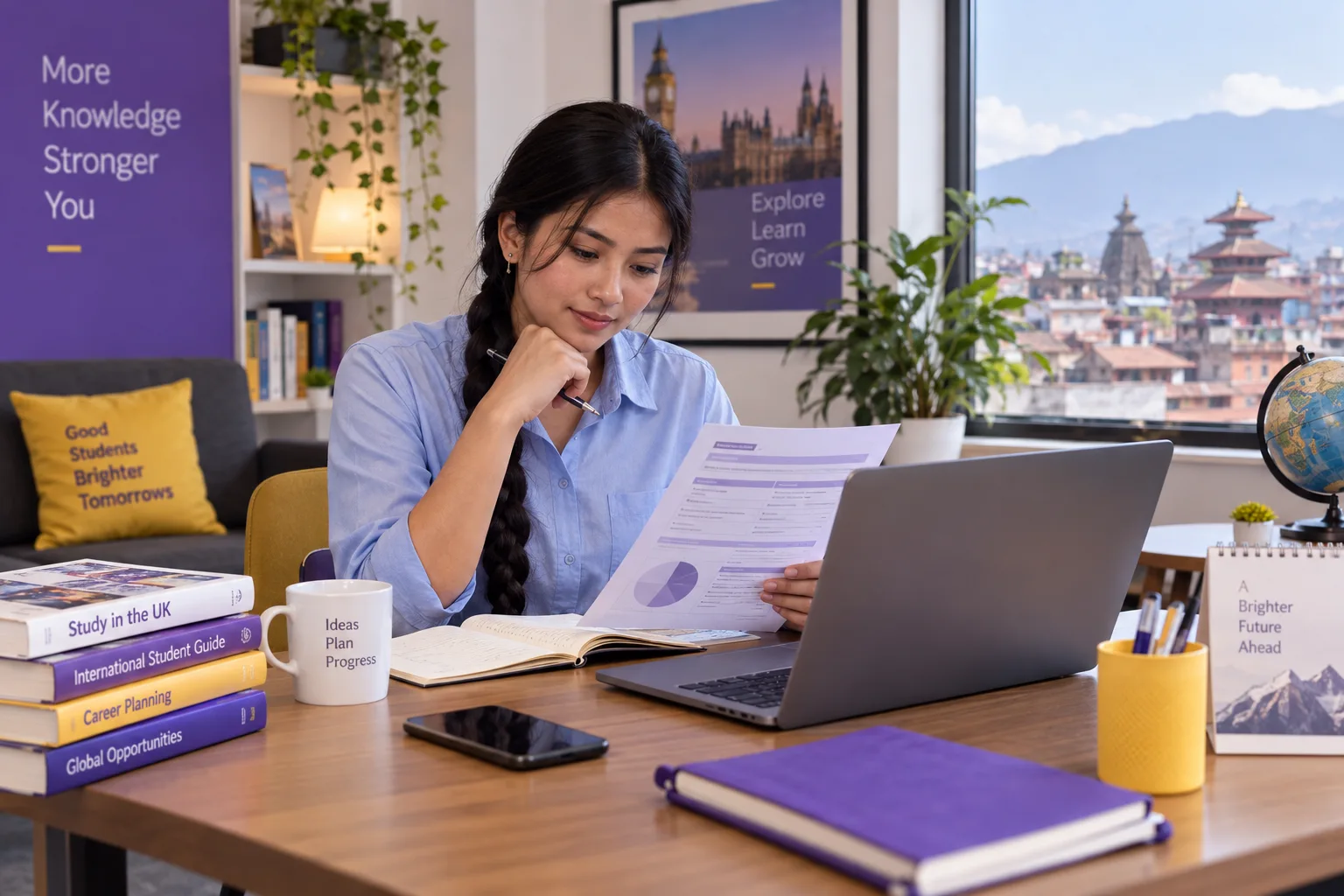 Young Nepali woman with a long braid comparing a personal study budget worksheet and university tuition information on a laptop for UK study planning.