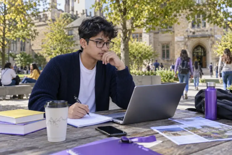 Young Nepali man with glasses comparing UK university courses and intake options using a laptop and notebook for UK study planning.