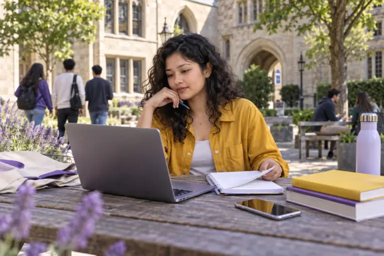 Young Nepali woman with curly hair comparing UK university courses and intake options using a laptop and notebook for UK study planning.