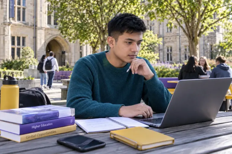 Young Nepali man with cropped hair comparing UK university courses and intake options using a laptop and notebook for UK study planning.