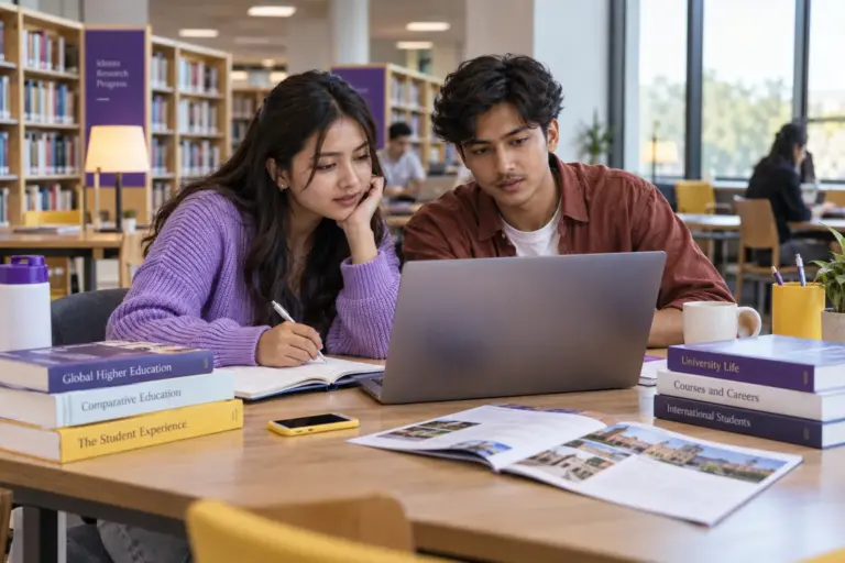 Two Nepali students, one woman and one man comparing UK university courses and intake options using a laptop and notebook for UK study planning.