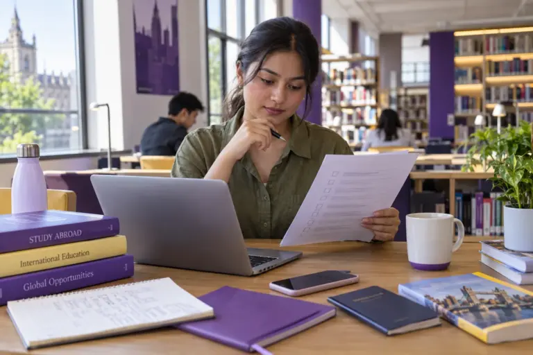 Young Nepali woman with tied-back hair reviewing an unbranded study application document checklist with a laptop for UK study planning.