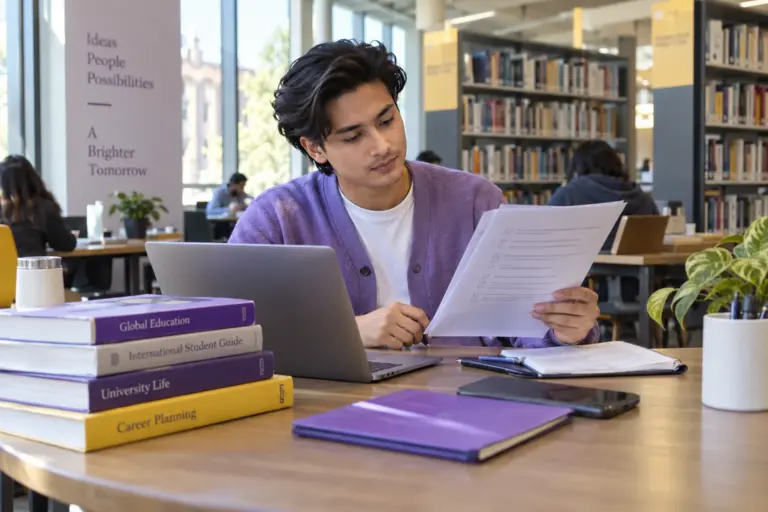 Young Nepali man with swept-back hair reviewing an unbranded study application document checklist with a laptop for UK study planning.