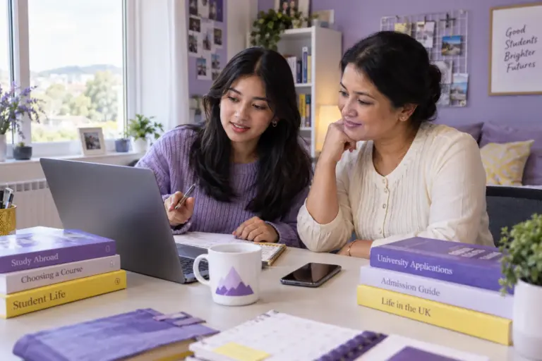 Nepali student discussing plans with a parent comparing UK university courses and intake options using a laptop and notebook for UK study planning.