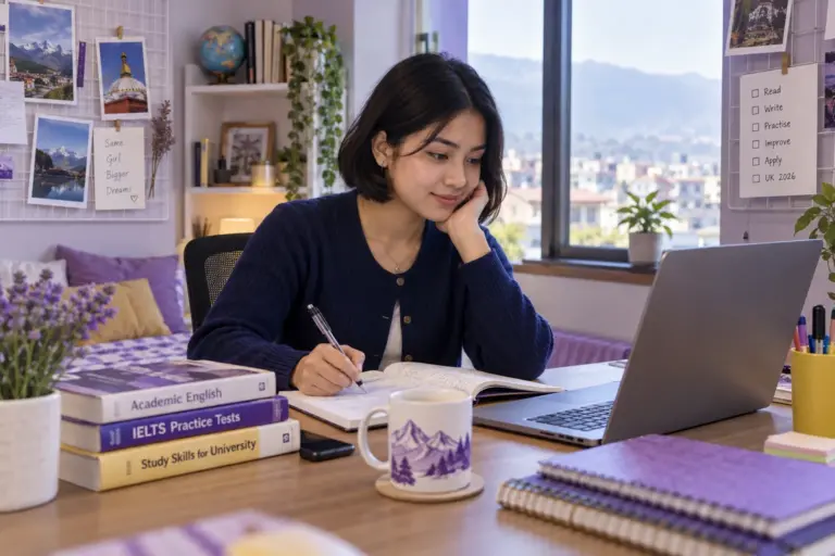 Young Nepali woman with a short bob practising English writing or reading on a laptop beside study books, as preparation for UK university study for UK study planning.