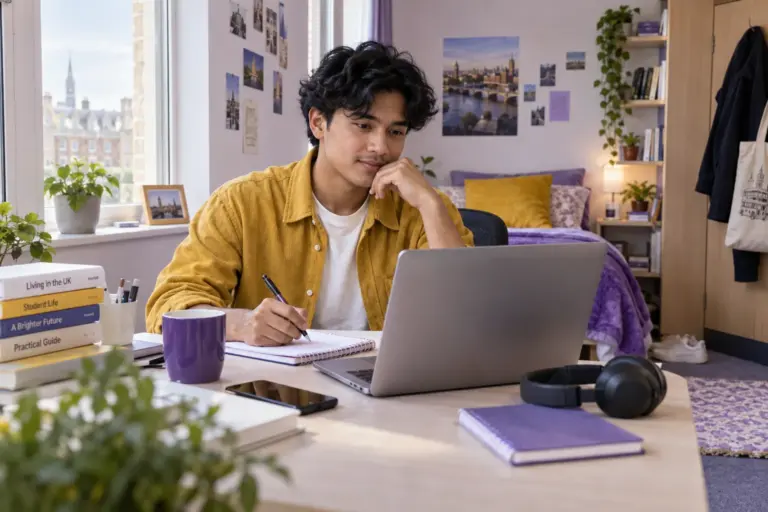 Young Nepali man with wavy hair planning student accommodation and everyday campus life with a notebook and laptop in a welcoming UK study setting for UK study planning.