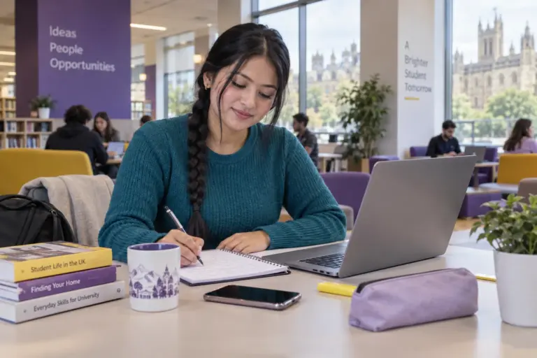 Young Nepali woman with a long braid planning student accommodation and everyday campus life with a notebook and laptop in a welcoming UK study setting for UK study planning.